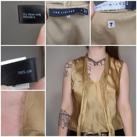 Y2k The Limited Gold Shimmery V-Neck Tie Front Poet Silk Croquette Tank Top Sz S - Picture 8 of 8
